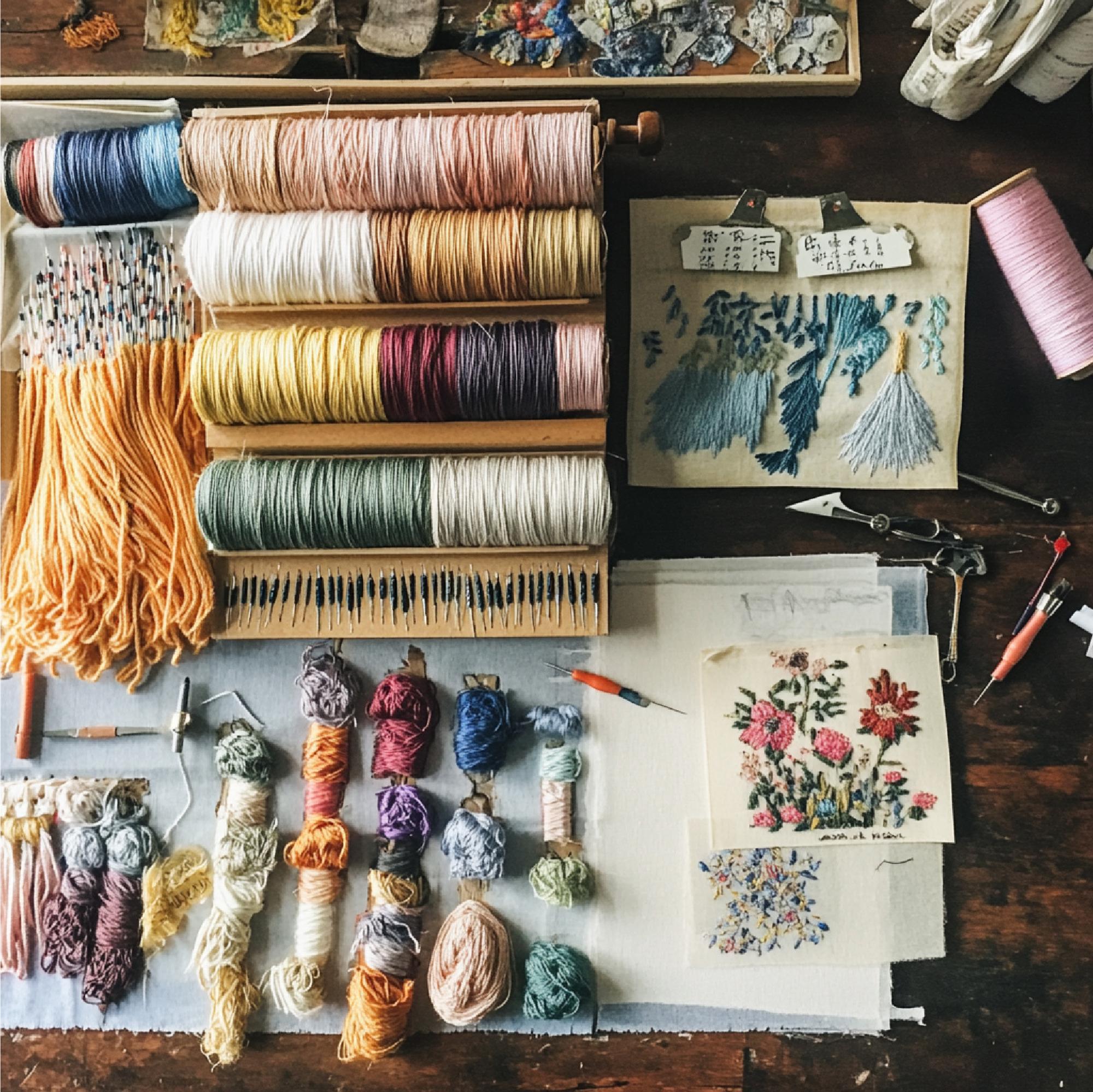 Angolo di atelier con lavori di ricamo esposti